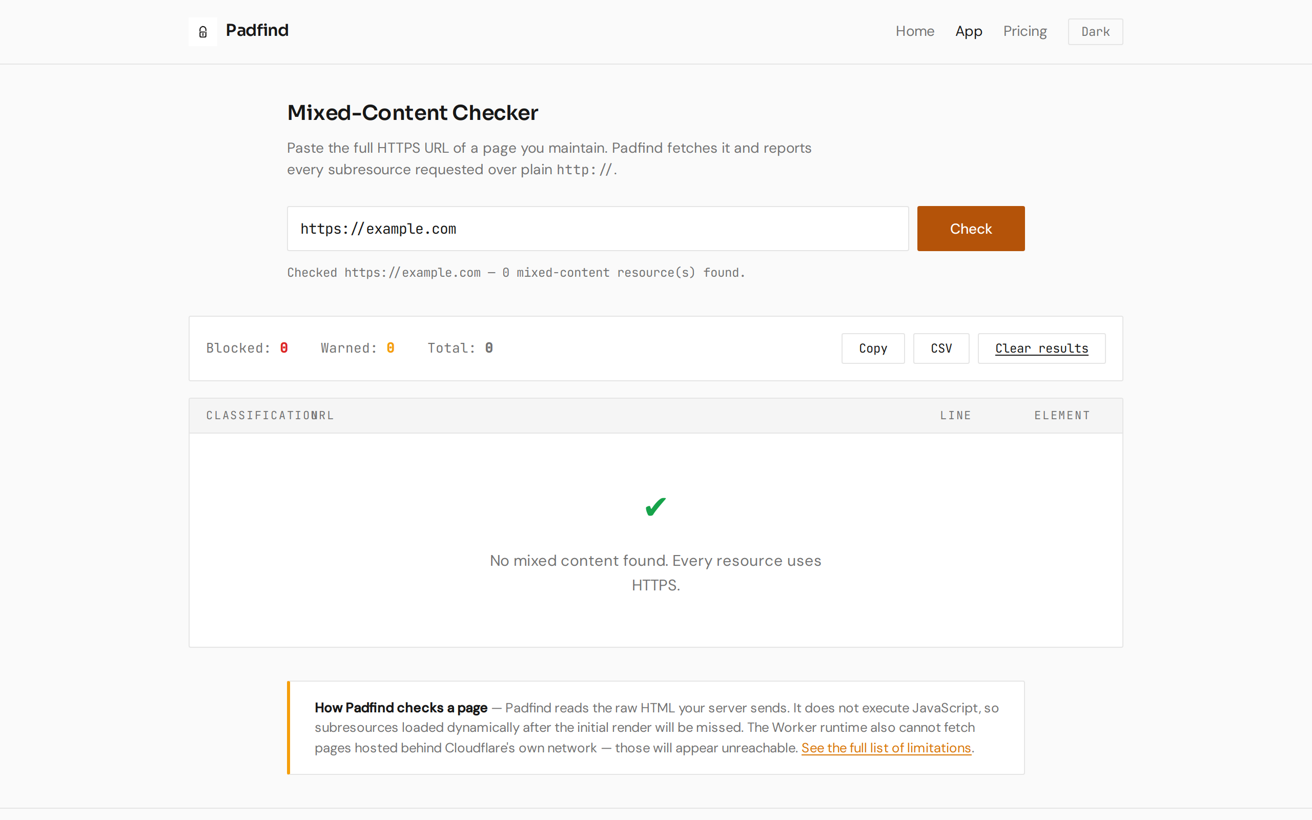 Padfind findings list showing two blocked resources (jQuery script, web font) and one warned resource (image), each with its URL, source line number, and a coloured classification chip.